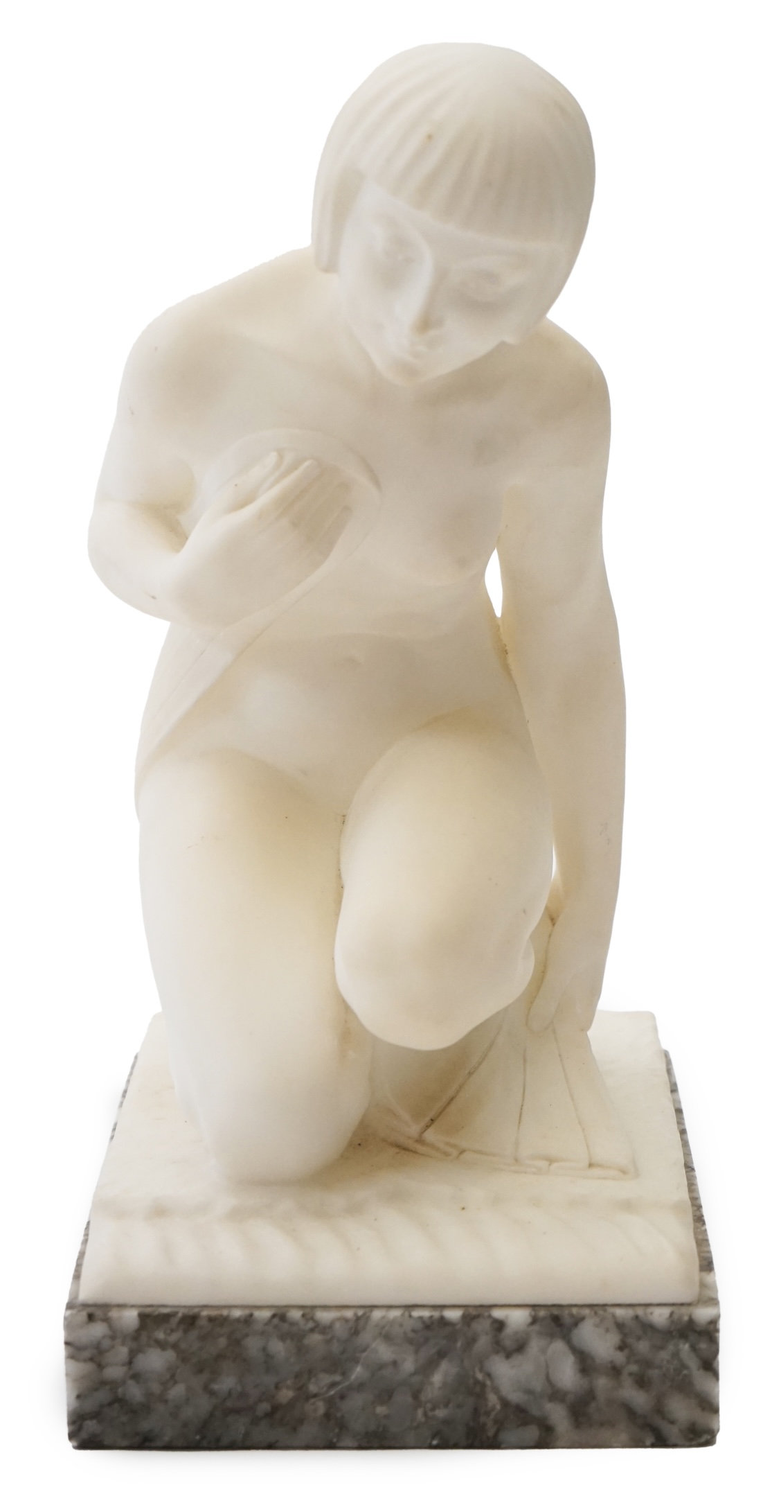 Manner of Gugliemo Pugi (1850-1915). An Italian Art Deco carved marble figure of a crouching bather kneeling and semi-draped